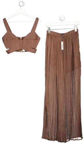 Karen Millen Brown Lydia Millen Crinkle Satin Chiffon Woven Wide Leg Trousers And Crop Top UK 8