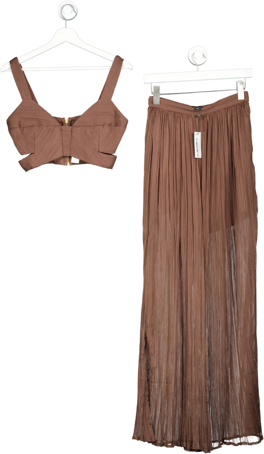 Karen Millen Brown Lydia Millen Crinkle Satin Chiffon Woven Wide Leg Trousers And Crop Top UK 8