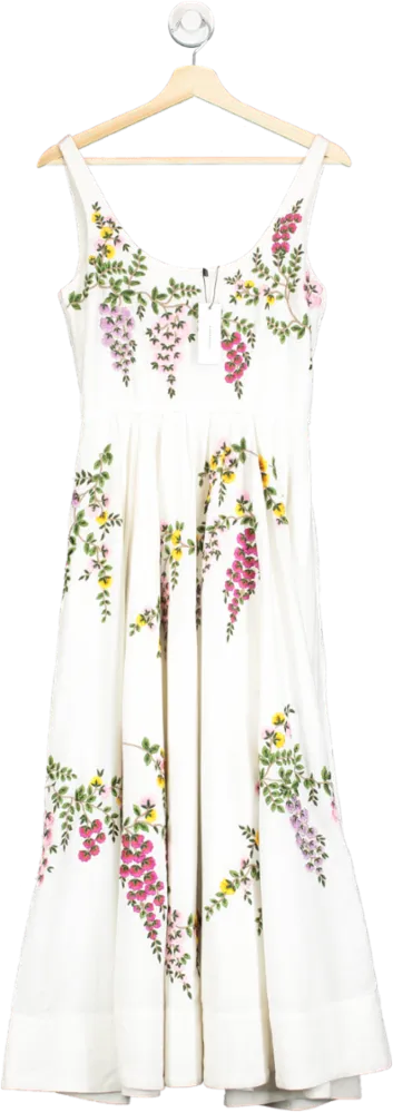 Karen Millen White Floral Embroidered Cotton Linen Woven Prom Dress UK 6