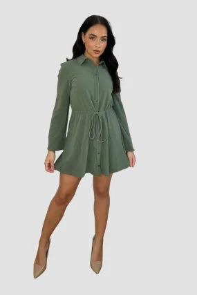 Khaki Drawstring Waist Shirt Dress