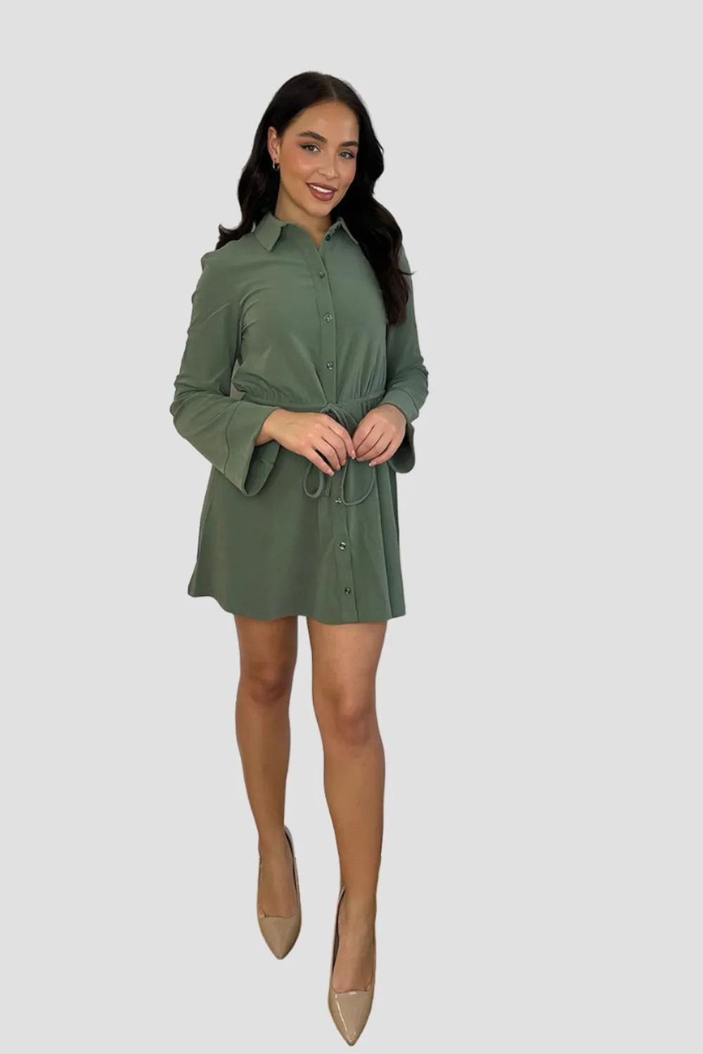 Khaki Drawstring Waist Shirt Dress