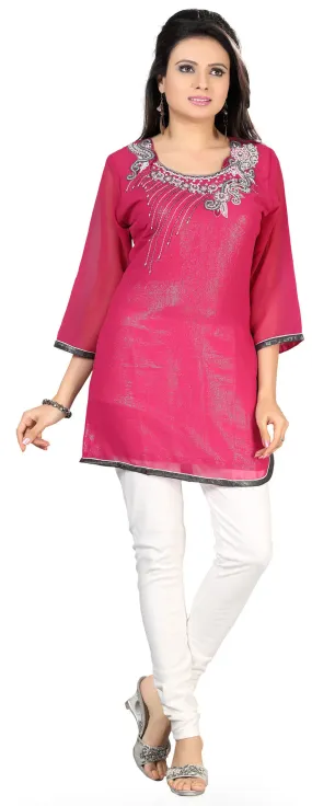 Kurti Top Long Tunic Womens Sequins Blouse India Clothing (Pink)