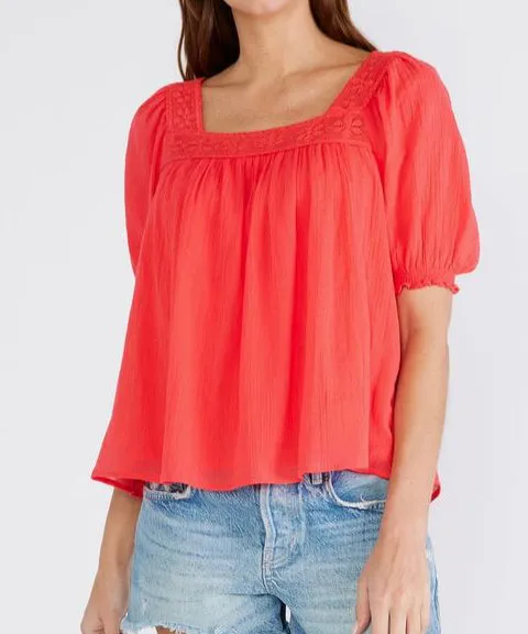 Lace Trim Square Neck Blouse - Hibiscus