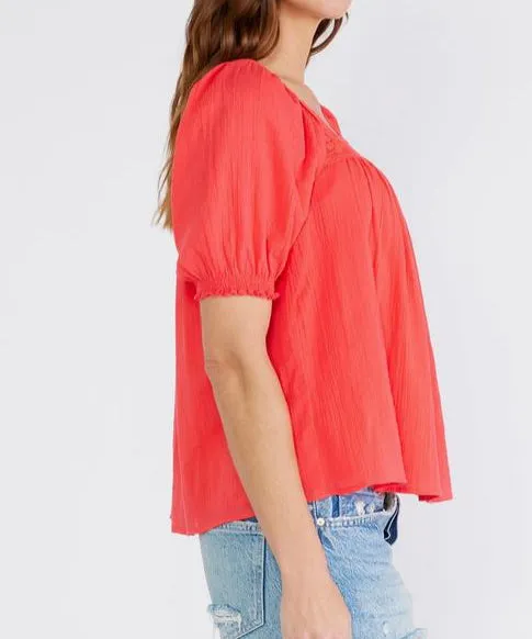 Lace Trim Square Neck Blouse - Hibiscus