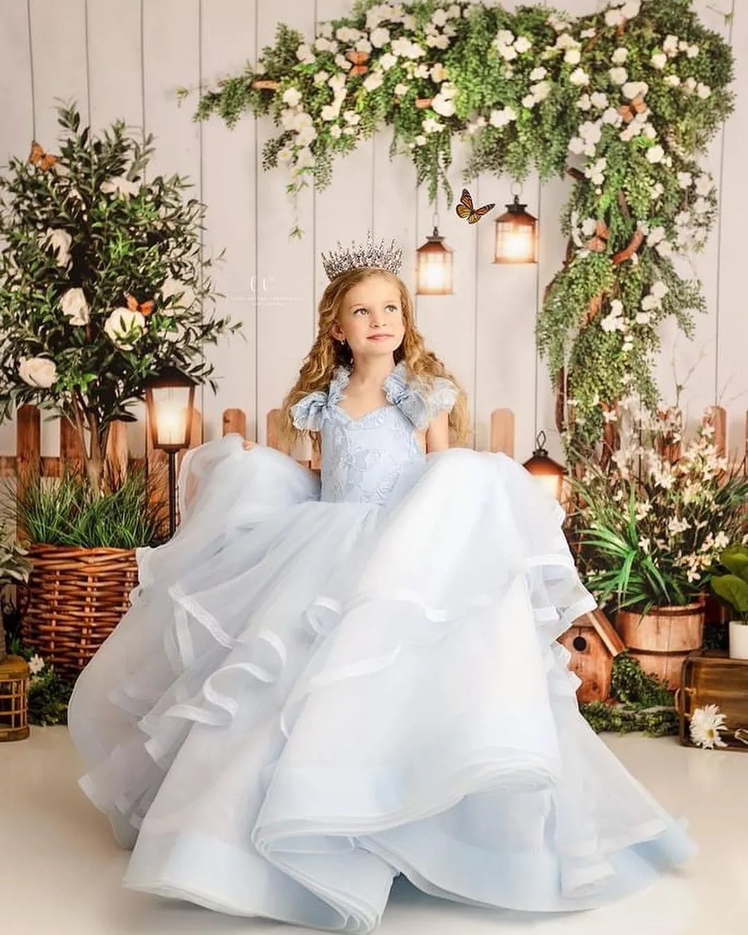 Light Blue Flower Girl Tulle Organza Ball Gown