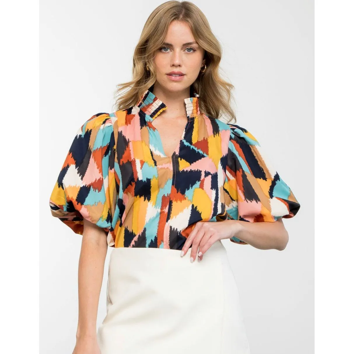 Lila Abstract Print Puff Sleeve THML Blouse