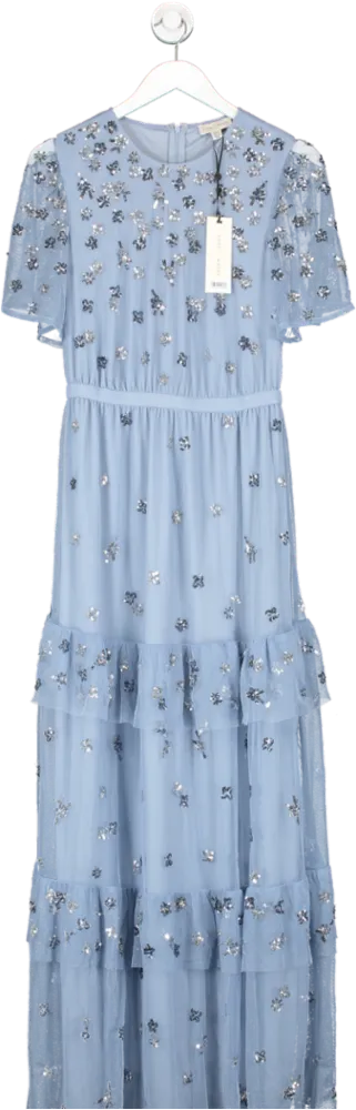 love & roses Blue Embellished Mesh Tiered Maxi Bridesmaid Dress UK 8