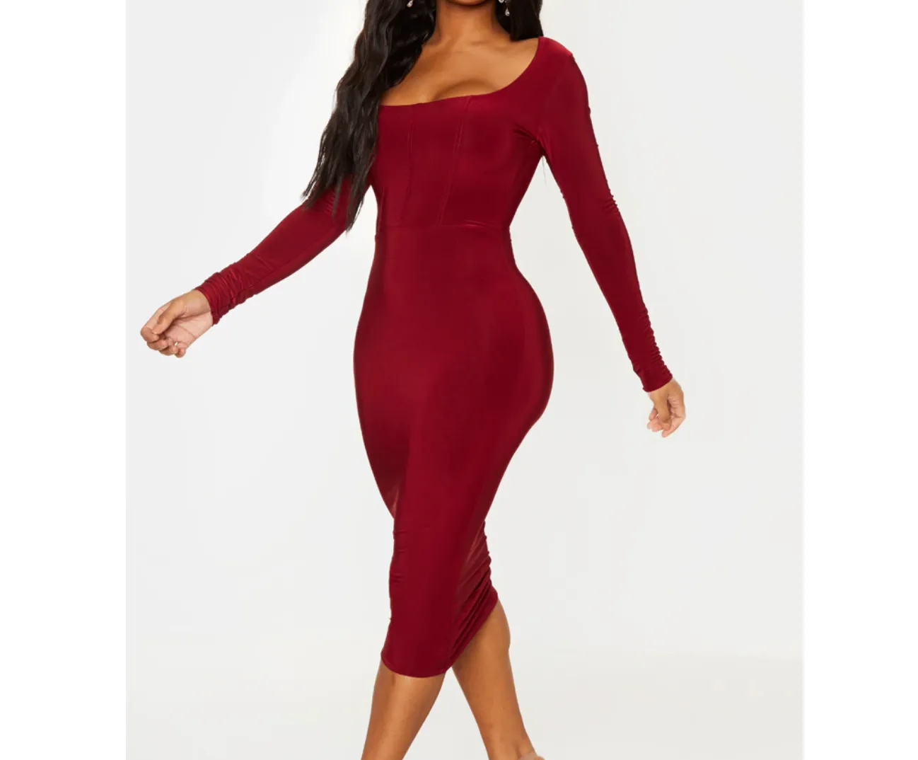 Missguided Red Shape Burgundy Slinky Panelled Long Sleeve Midi Dress Bnwt UK 6