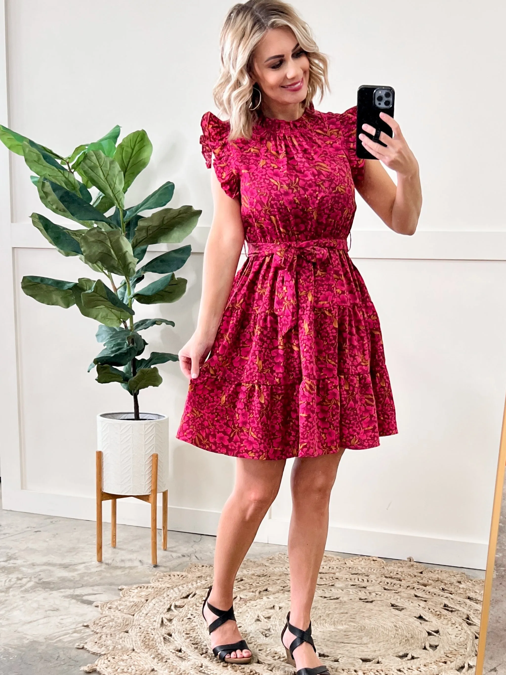 Mock Neck Floral Dress With Belt In Magenta