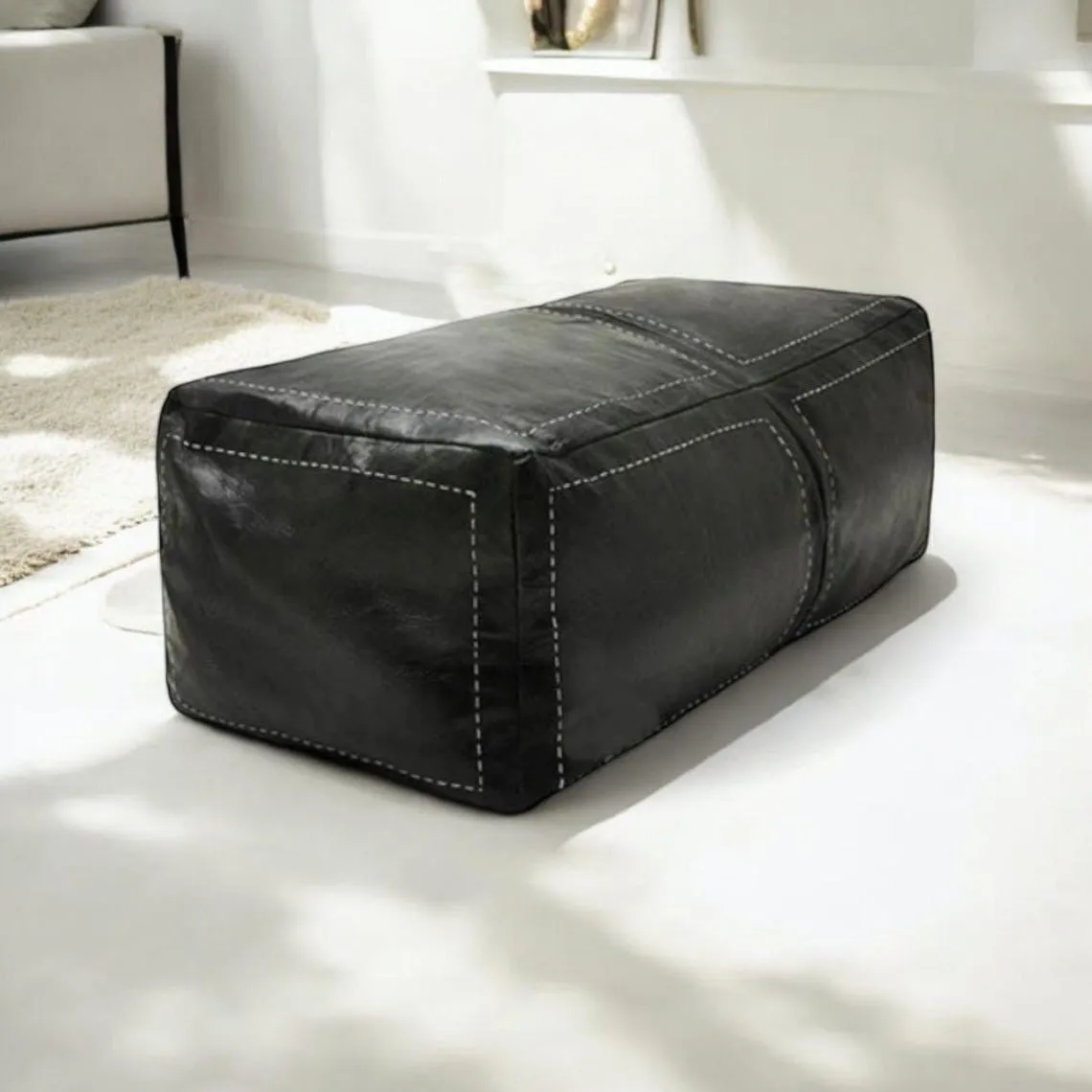 Moroccan Leather Pouf / Ottoman - Rectangular - Black - Salwa