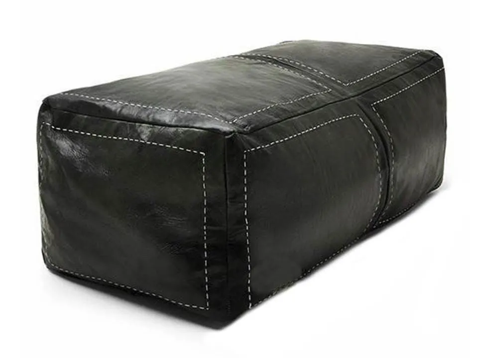 Moroccan Leather Pouf / Ottoman - Rectangular - Black - Salwa