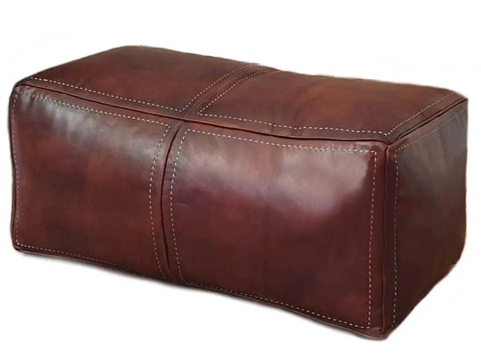 Moroccan Leather Pouf / Ottoman - Rectangular - Brown Caramel - Salwa