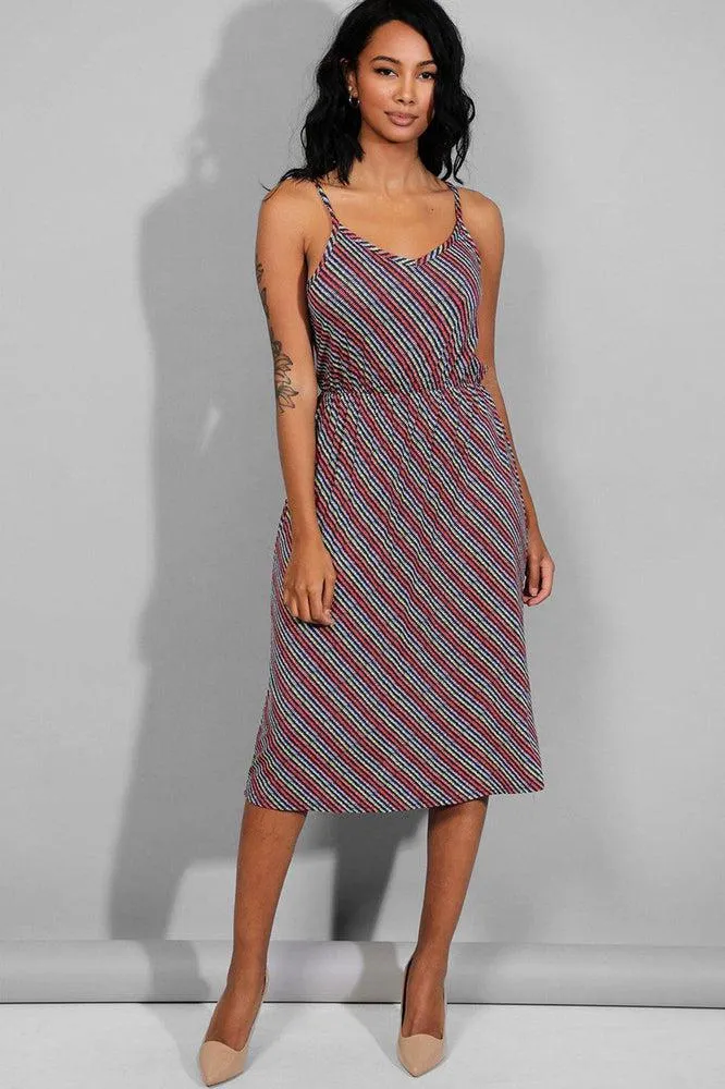 Multicolour Stripe Tie Up Straps Mid Dress