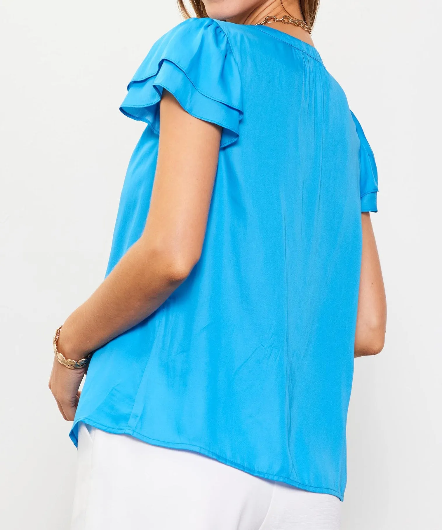 Neck Trim Detail Short Sleeve Top - Malibu Blue