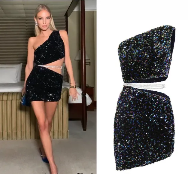 Nue Studio Blue Sequin One Shoulder Rhinestone Kenza Dress UK 6