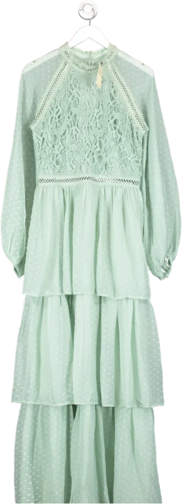 Oasis Green Lace Balloon Sleeve Tiered Maxi Dress Sage UK 12