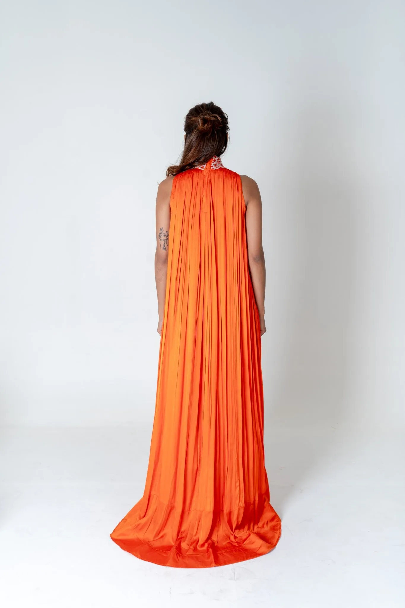 Orange Pink Braided Halter Neck Gather Gown