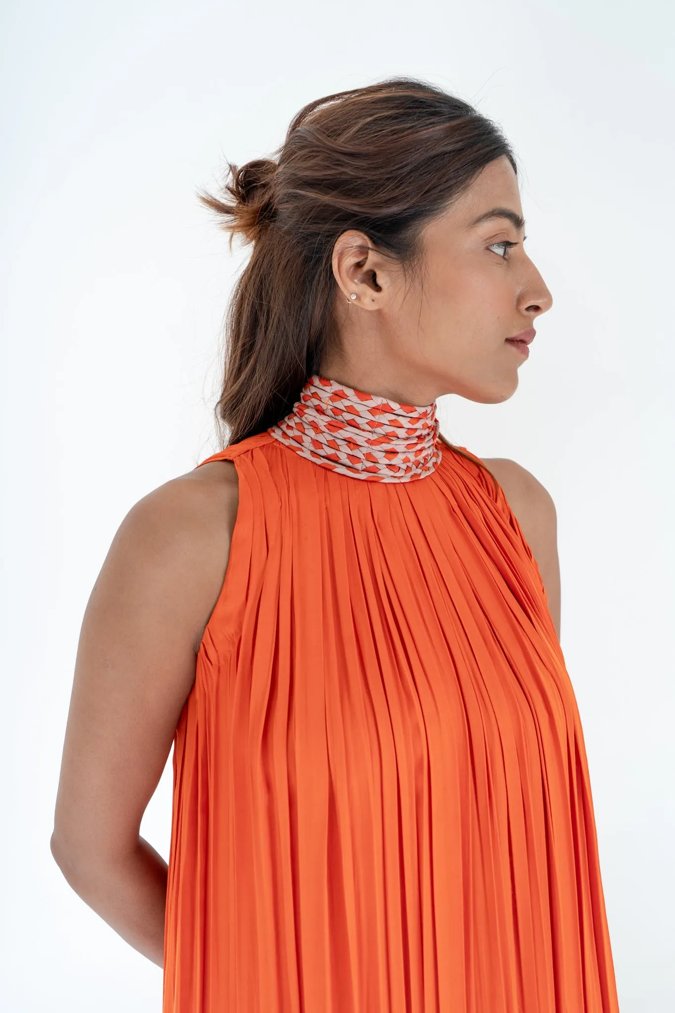 Orange Pink Braided Halter Neck Gather Gown