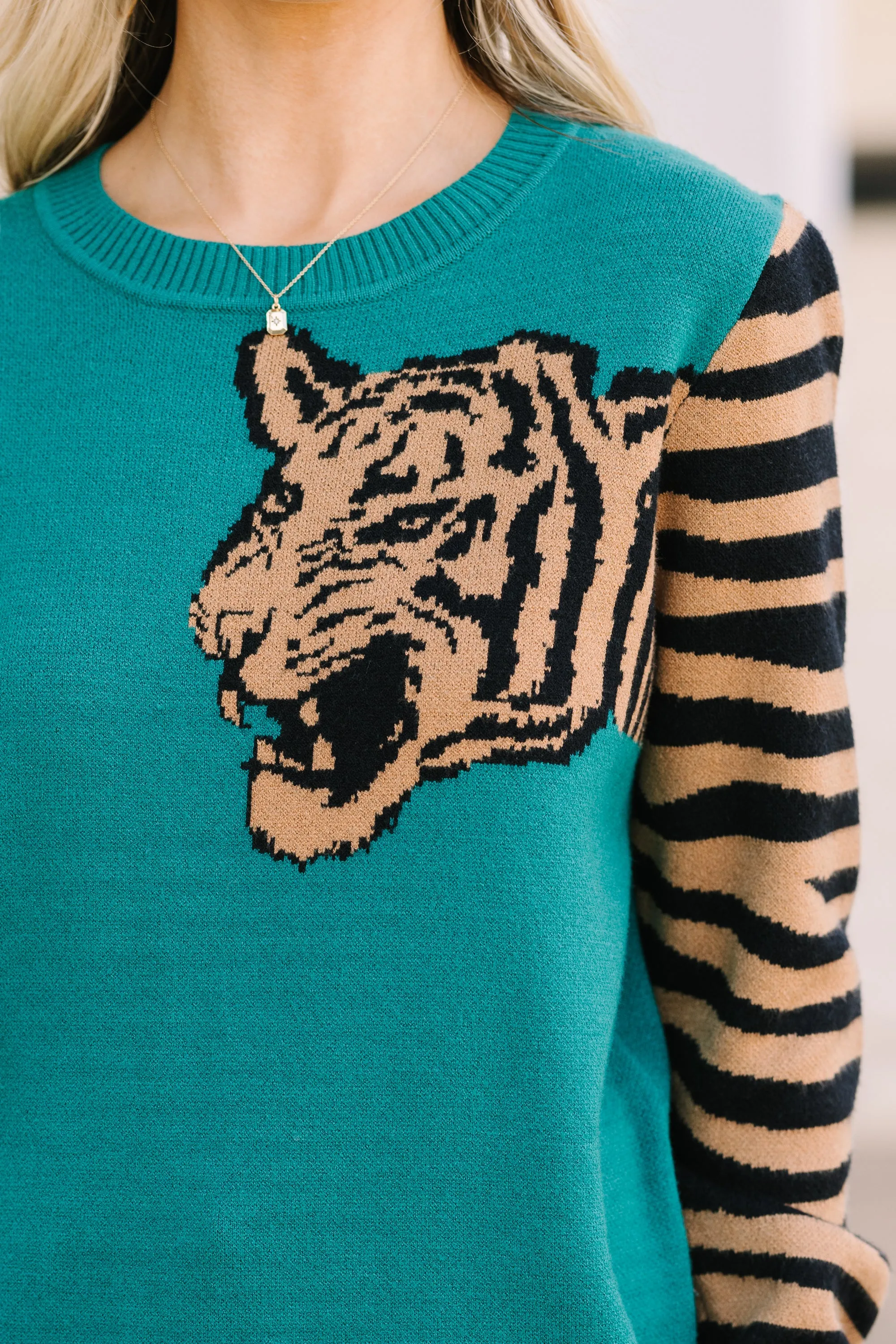 Over Your Shoulder Hunter Green Tiger Sweater