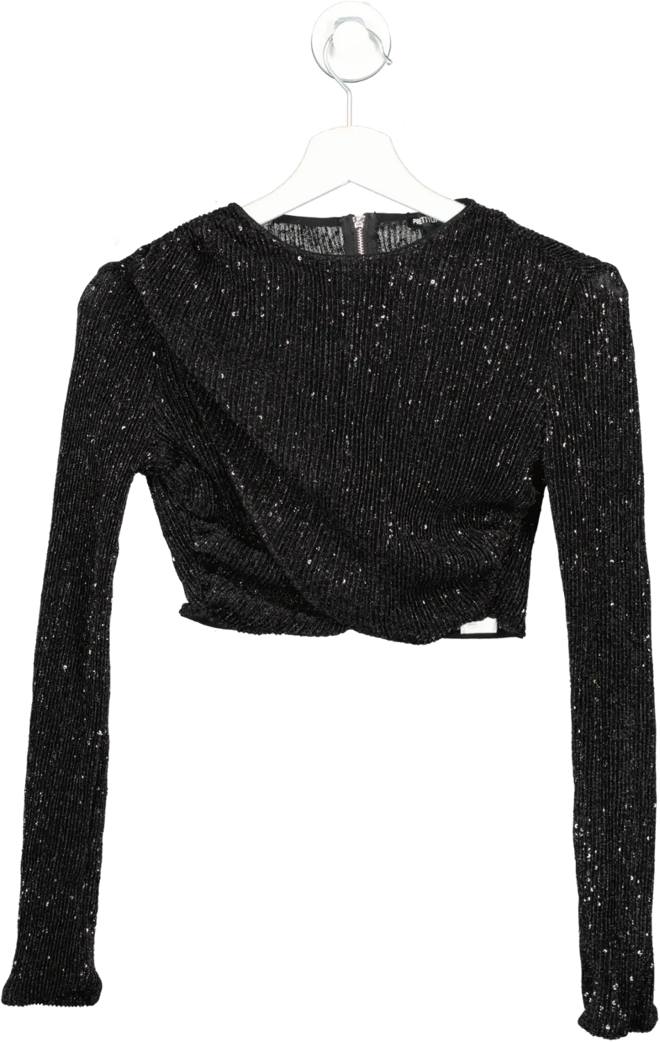 PrettyLittleThing Black Sequin Cross Over Crop Top UK 8