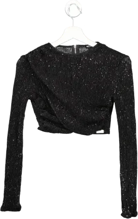 PrettyLittleThing Black Sequin Cross Over Crop Top UK 8