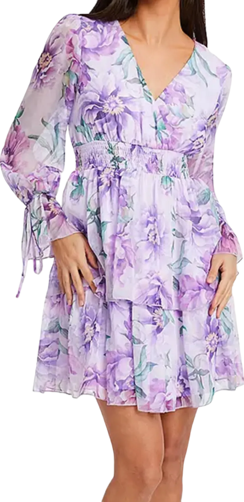 QUIZ Purple Lilac Chiffon Floral Tiered Long Sleeve Mini Dress UK 8