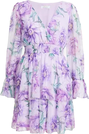 QUIZ Purple Lilac Chiffon Floral Tiered Long Sleeve Mini Dress UK 8