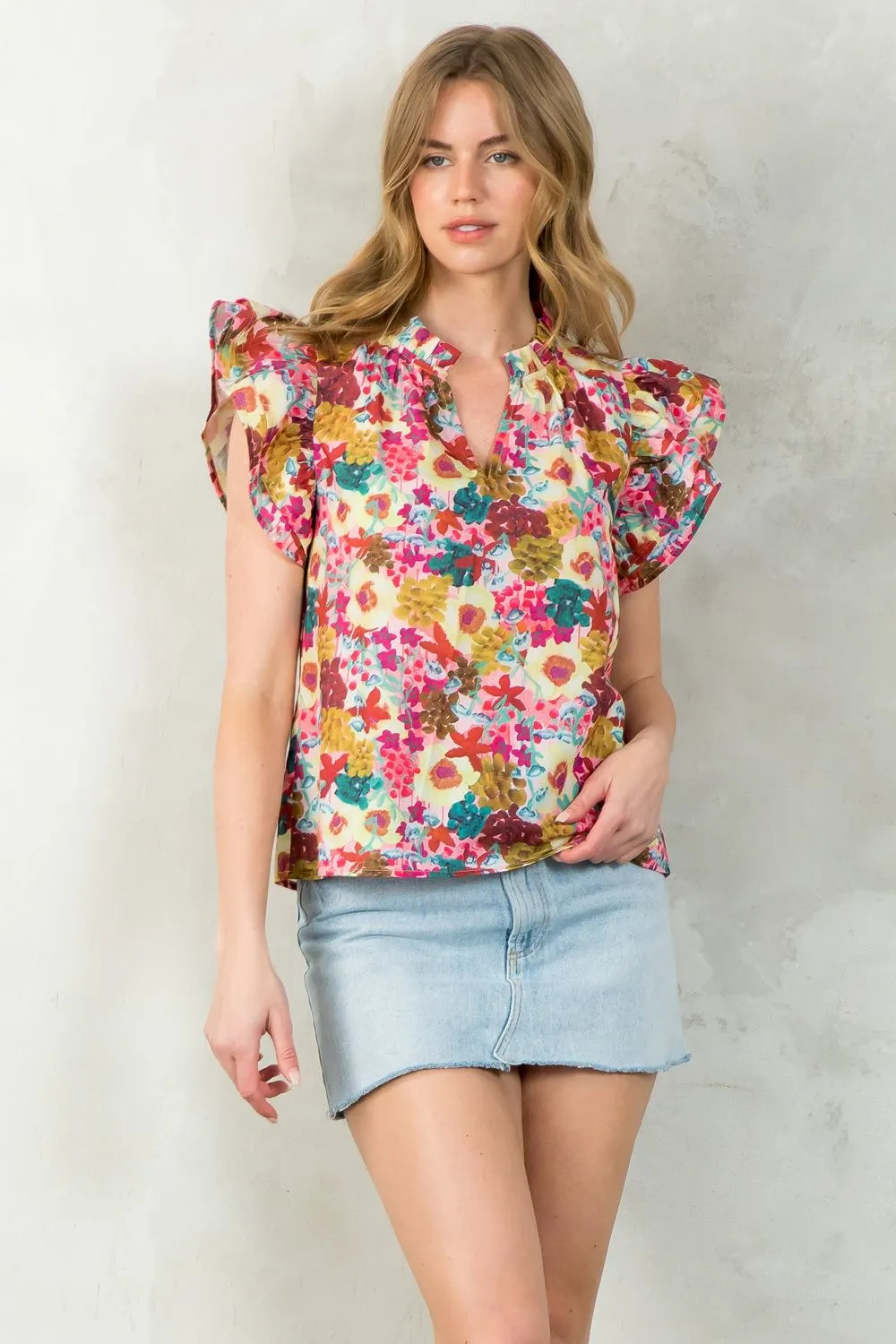 Shauna Flutter Sleeve Floral THML Top