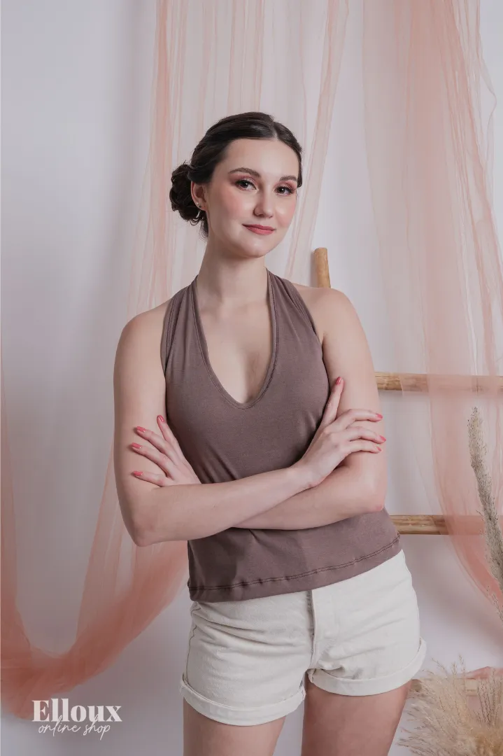 Taupe Rib-knit Self-Tie Halter Top