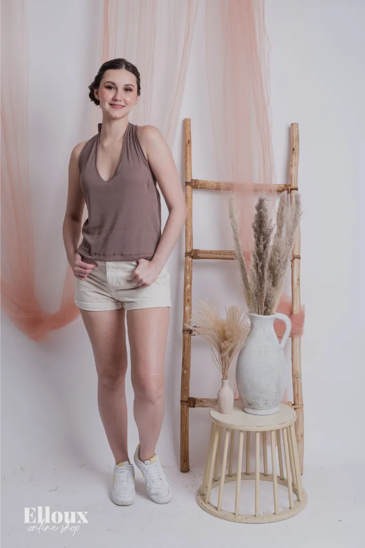 Taupe Rib-knit Self-Tie Halter Top