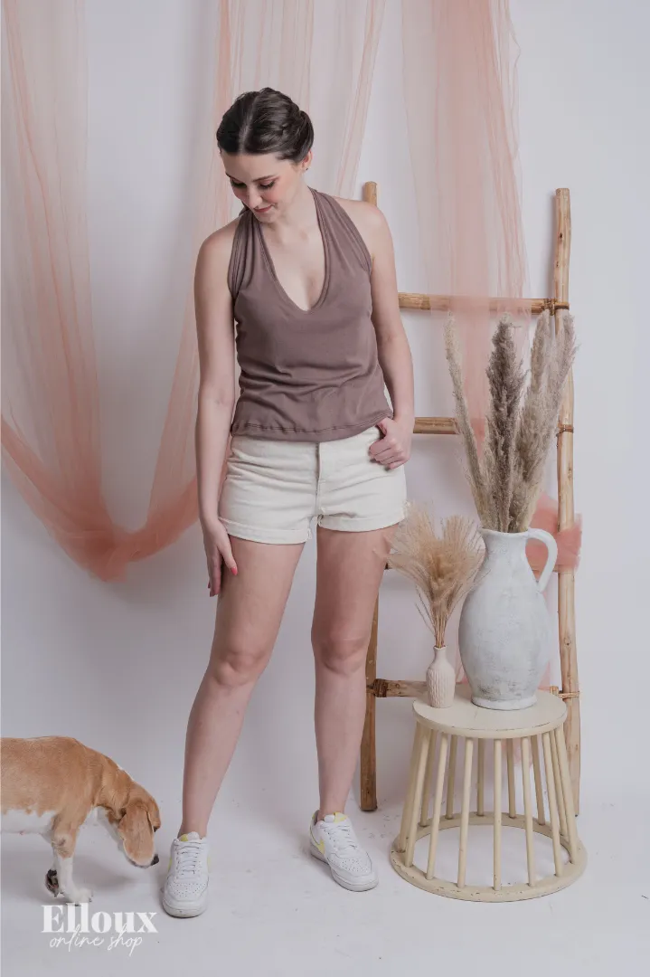 Taupe Rib-knit Self-Tie Halter Top