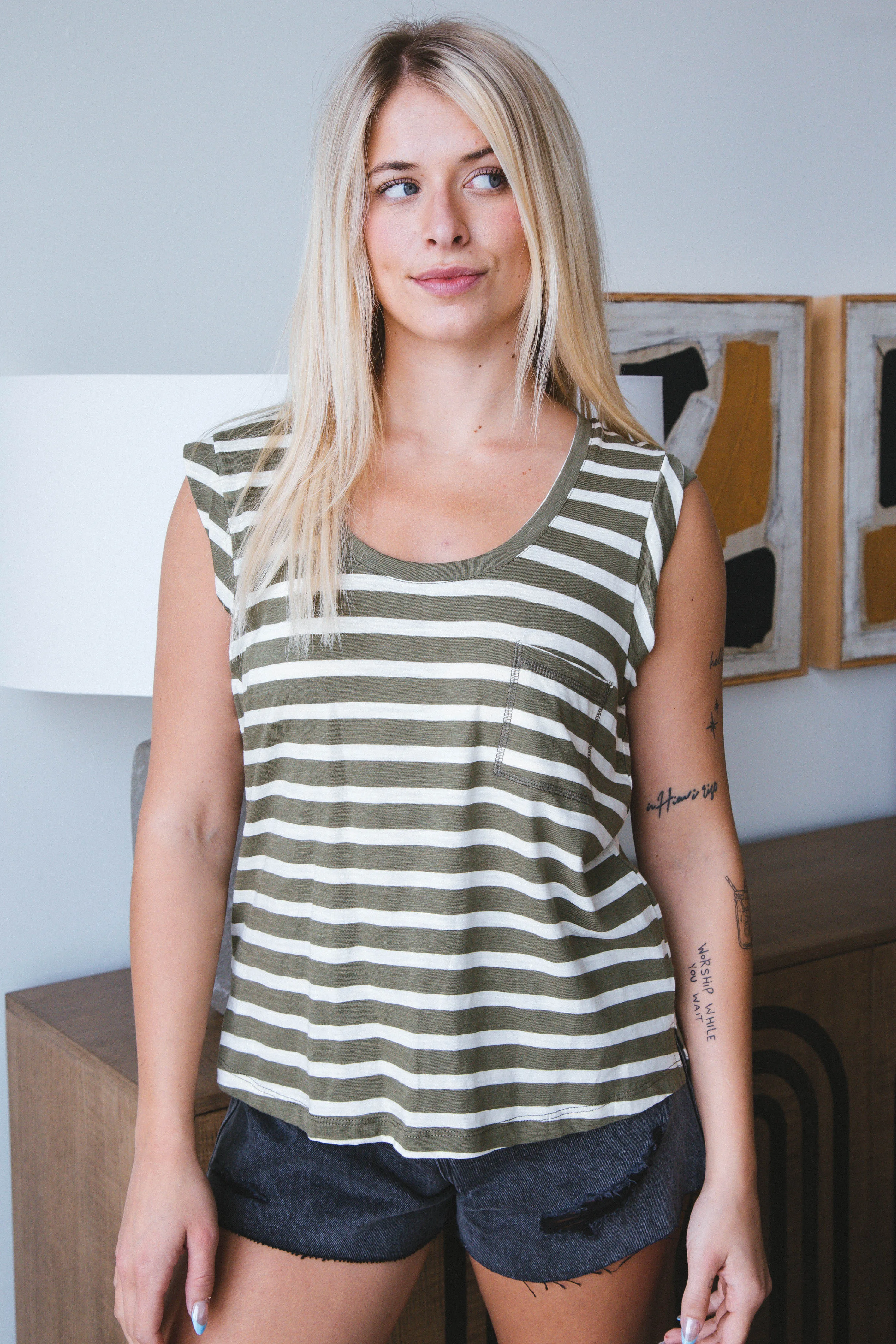 Traveler Twist Sleeve Tee, Light Ecru Olive Stripe | Sanctuary