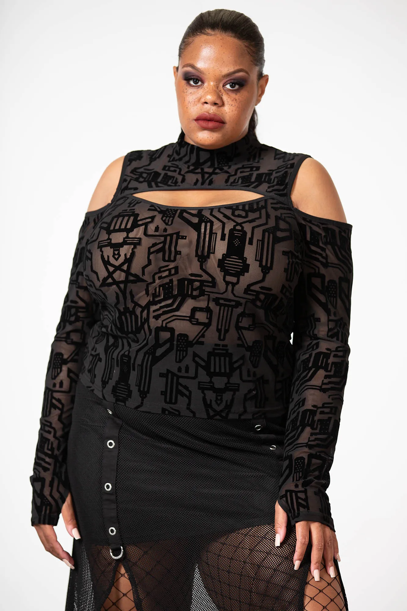 Tuned Out Mesh Cold Shoulder Top [PLUS] Resurrect