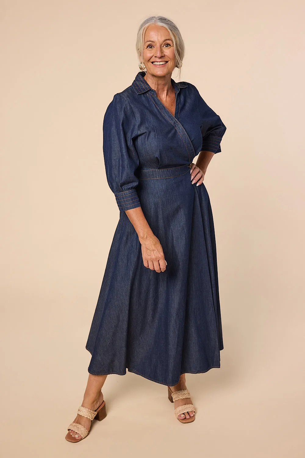 Wendy Chambray Wrap Dress in Dark Wash