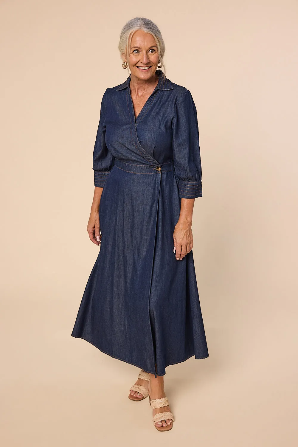 Wendy Chambray Wrap Dress in Dark Wash