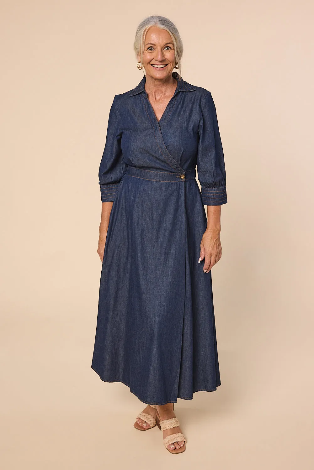 Wendy Chambray Wrap Dress in Dark Wash