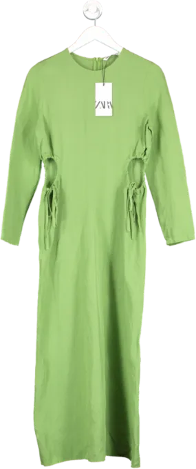 ZARA Green Midi Linen Dress With Cut Out UK S