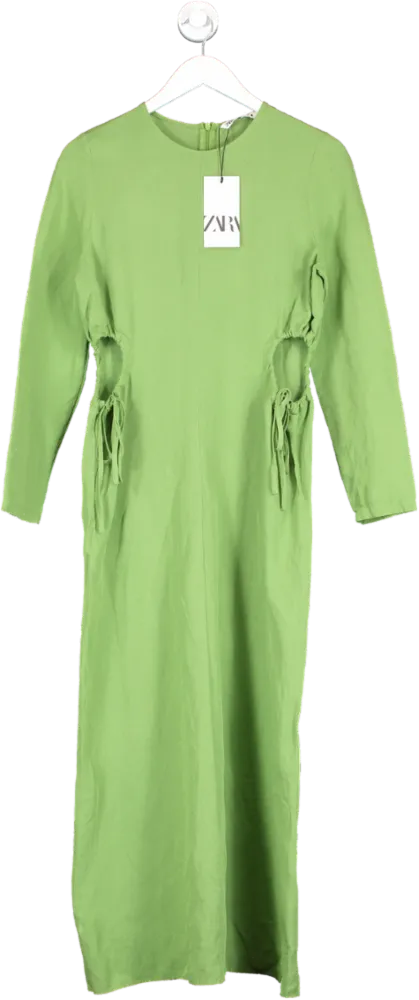 ZARA Green Midi Linen Dress With Cut Out UK S