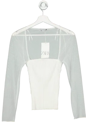 ZARA White Square Neck Contrast Tulle Top BNWT  UK L